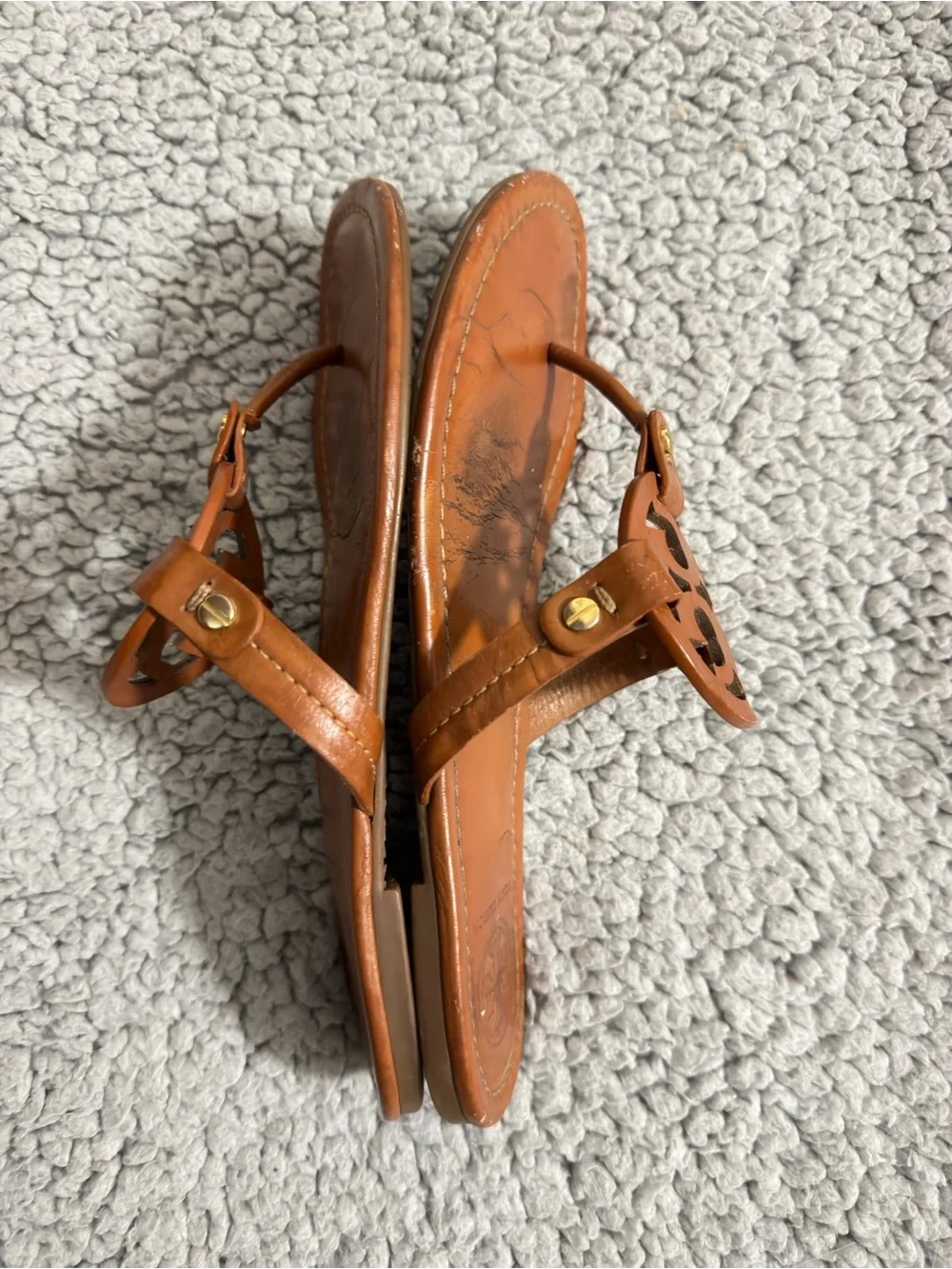 Tory Burch Miller Sandals 8.5 Brown Leather Slides Thong Medallion